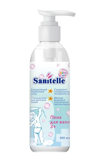 Sanitelle Пена для ванн, для детей с 3х лет, пена для ванн, с экстрактом мыльного корня и ароматом земляники, 500 мл, 1 шт.