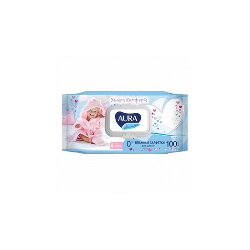 Aura Ultra Comfort Салфетки влажные детские, для детей с рождения, салфетки влажные, с алоэ вера и витамином E, 100 шт.