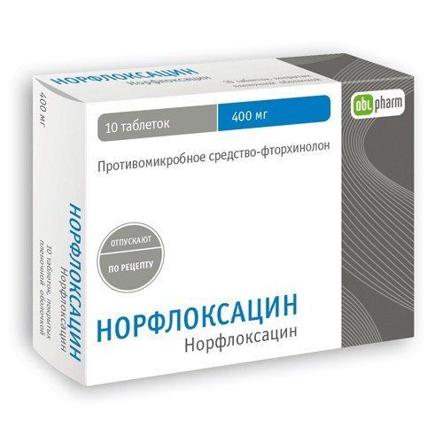 Норфлоксацин, 400 мг, таблетки, покрытые пленочной оболочкой, 10 шт.