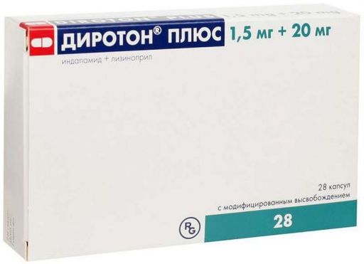 Диротон Плюс, 20 мг+1.5мг, капсулы с модифицированным высвобождением, 28 шт.
