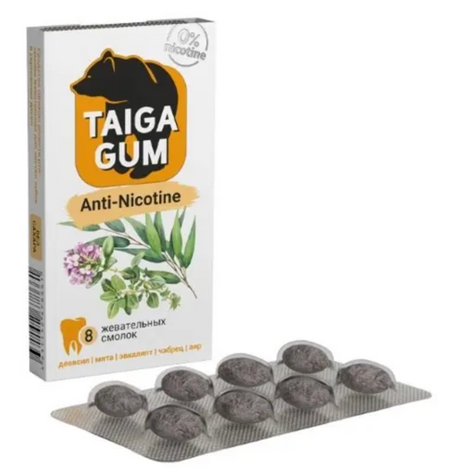 Taiga Gum Смолка жевательная Антиникотин из смолы лиственницы сибирской, с пчелиным воском дражированная в растительной пудре, 8 шт.