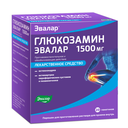 Глюкозамин Эвалар 1500 мг, порошок для приготовления раствора для приема внутрь, 20 шт.