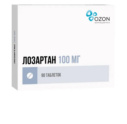 Лозартан, 100 мг, таблетки, покрытые пленочной оболочкой, 90 шт.