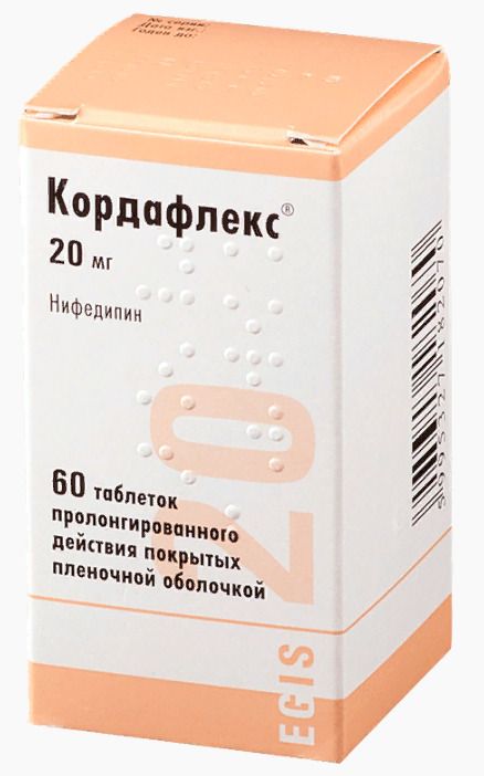 Кордафлекс, 20 мг, таблетки пролонгированного действия, покрытые пленочной оболочкой, 60 шт.