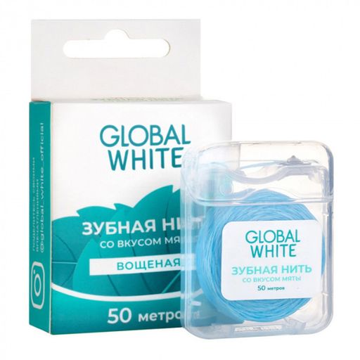 Global White Нить зубная вощеная, 50 м, мята, 1 шт.